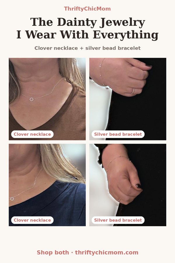 Close-ups of a dainty four leaf clover necklace and a thin silver bead bracelet