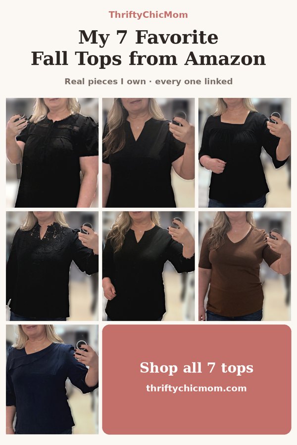 Collage of seven mirror selfies of a woman wearing seven different fall tops from Amazon